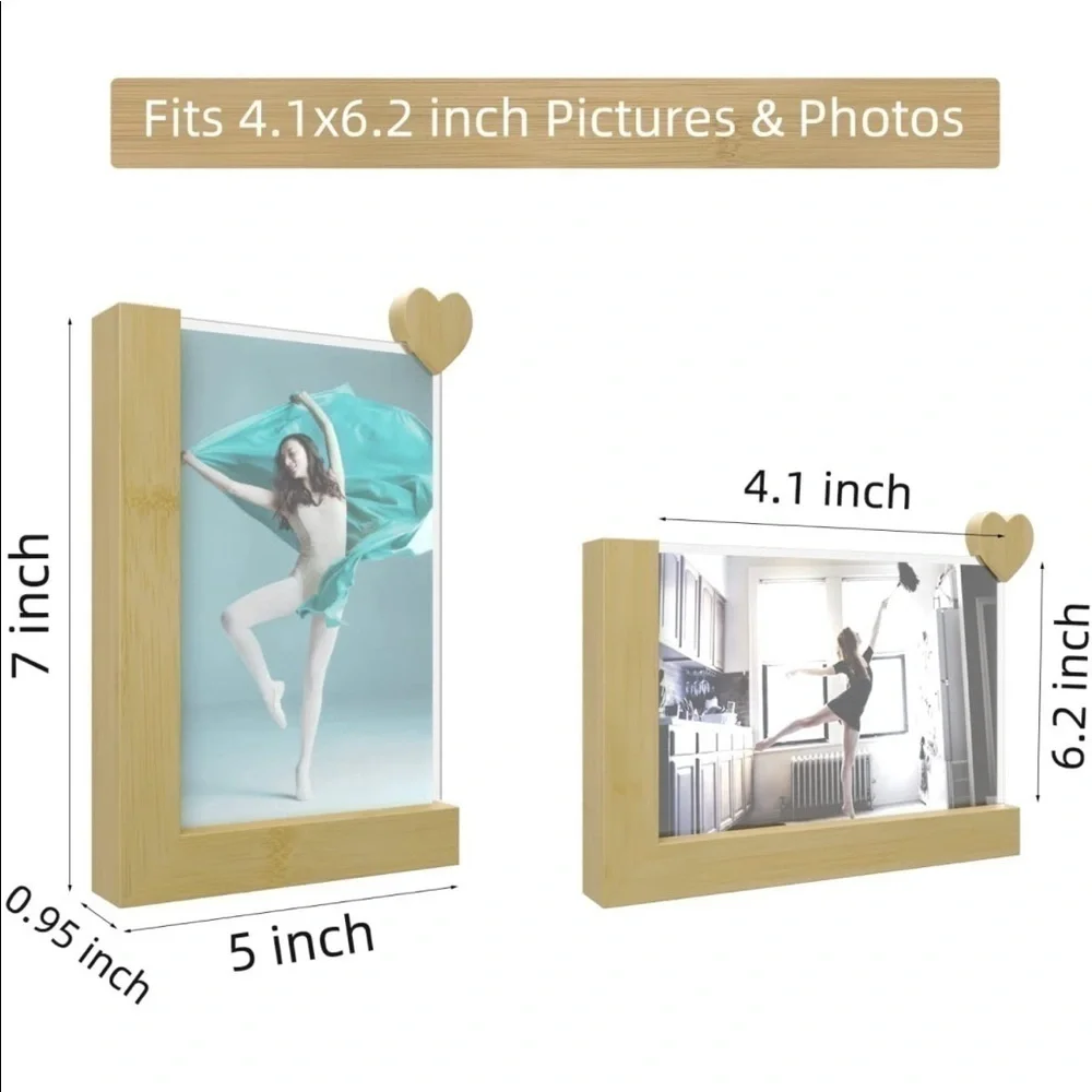 Brand New Set of 2 Bamboo Wood Photo Picture Frames Double-Sided 4